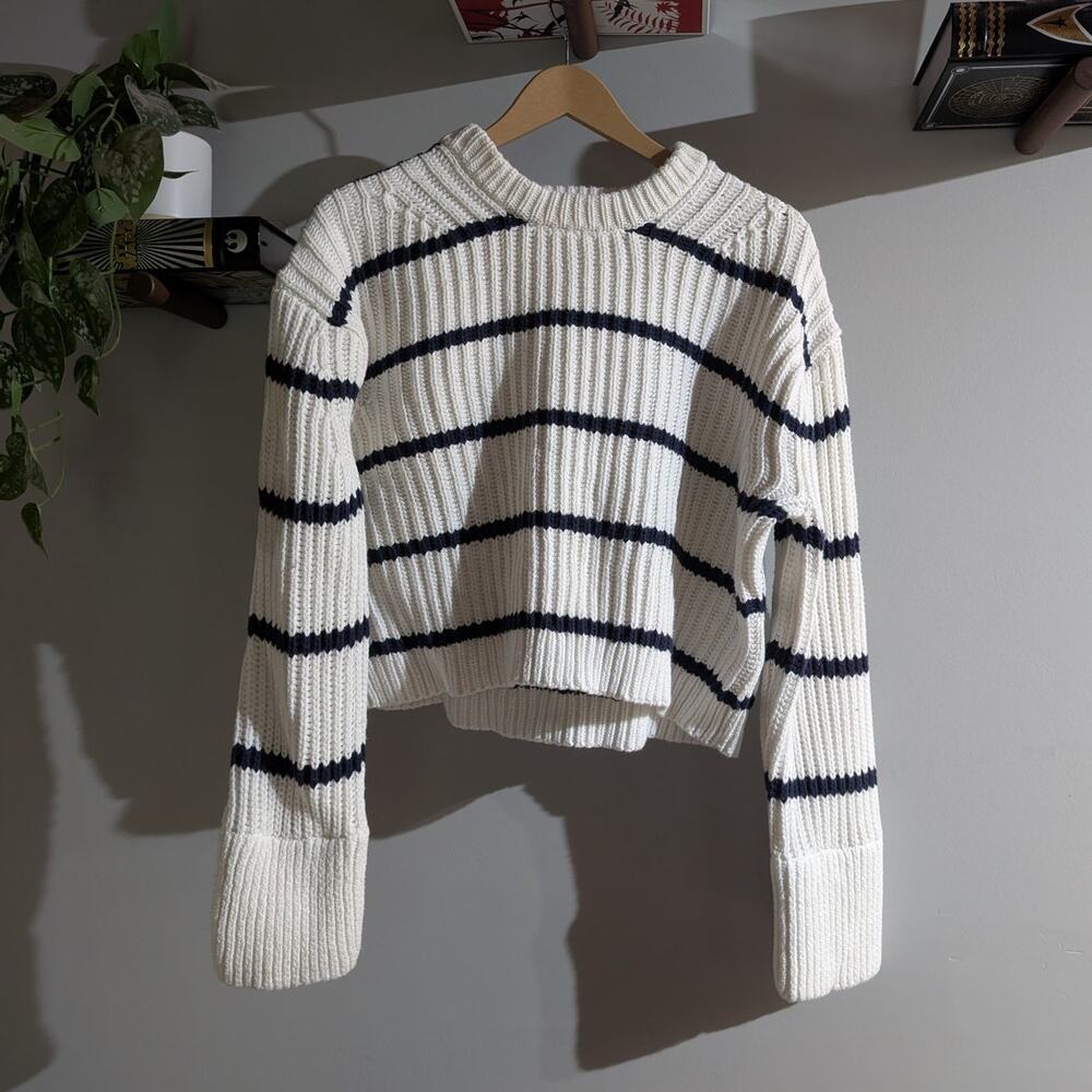 J.Crew | Chunky Cropped Cotton Blue White Striped Sweater | Women's L